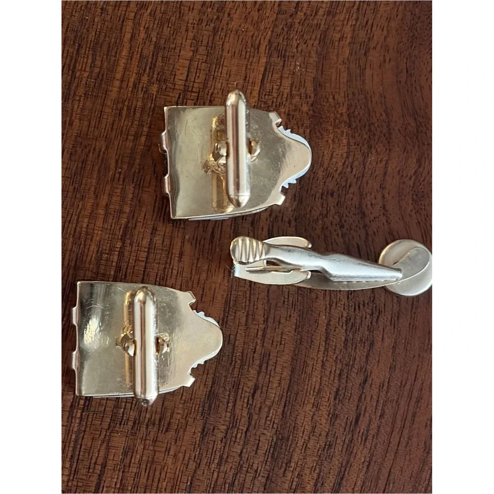 Vintage Swank Mother of Pearl /Onyx laughing Buddha cufflinks and tie tack set.